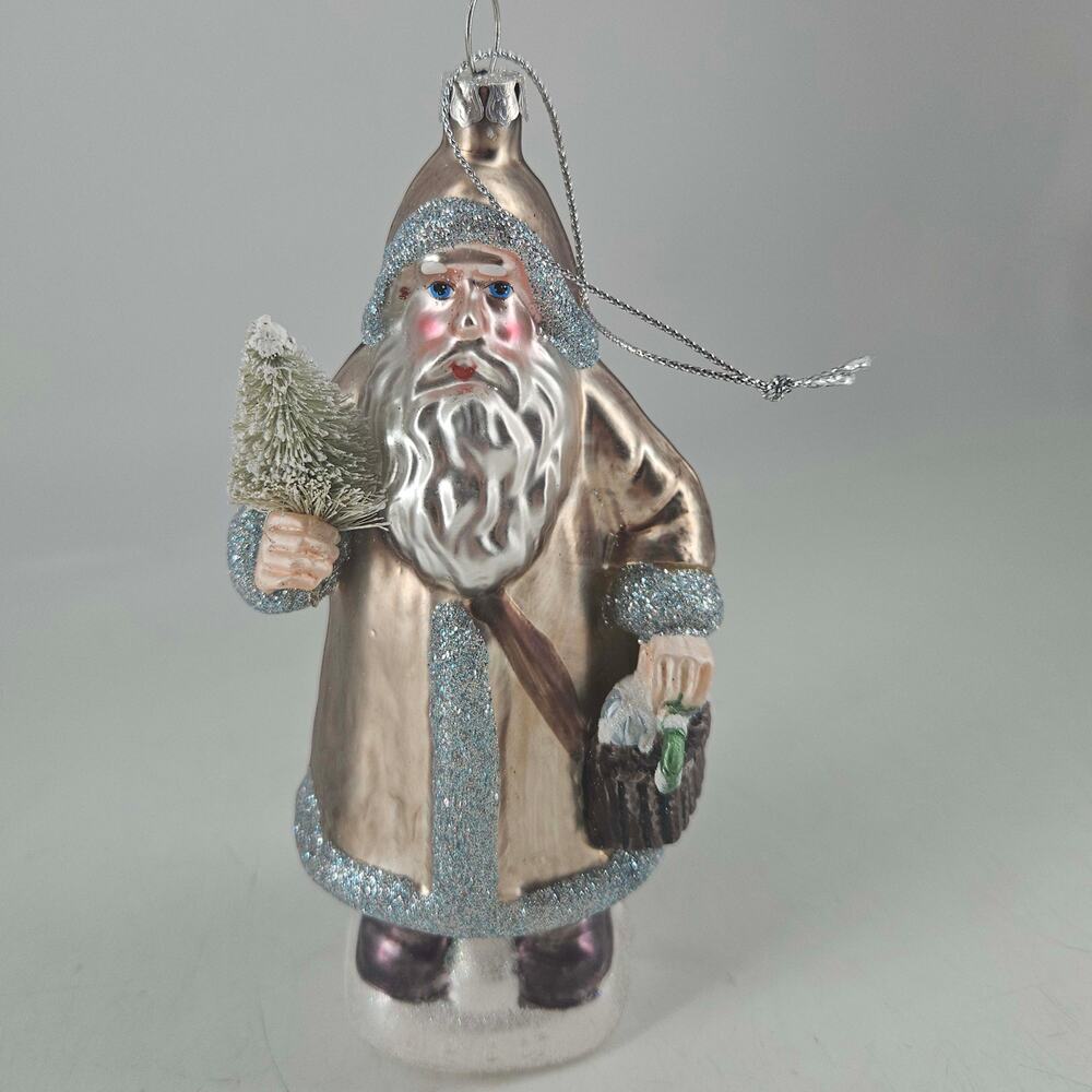 Blown Glass champagne silver Santa w tree Glass Christmas Ornament